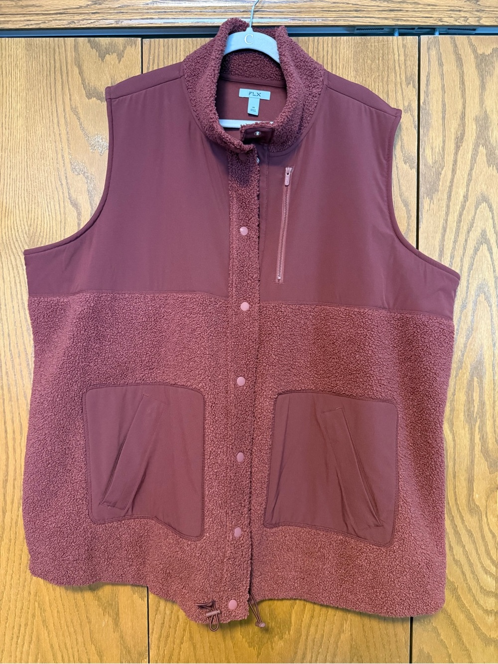 FLX Women's Maroon Sherpa Vest - Cozy Zip Chest Pocket & Snap Front